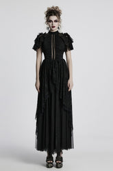 Black Short Sleeves Ruffle Stitching Lace Women's Gothic Layered Ball Gown Dress